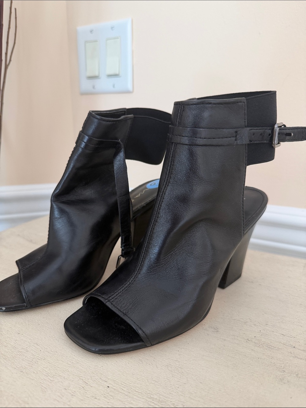 Via Spiga Black Leather Open-Toe Ankle Boot Heels